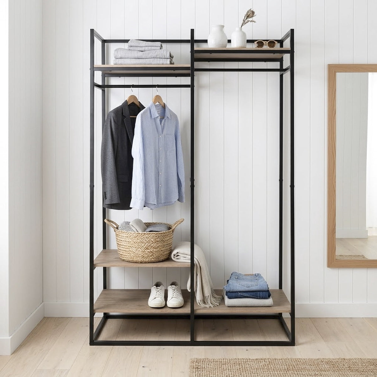 Velmora™ Jace Freestanding Metal 2-Rod Garment Clothes Rack with 4 Wooden Shelves, Black