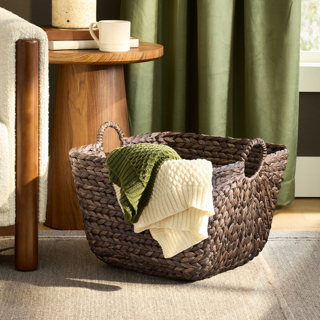 Velmora™ Beachcomber Handwoven Water Hyacinth Storage Basket with Handles, Dark Brown