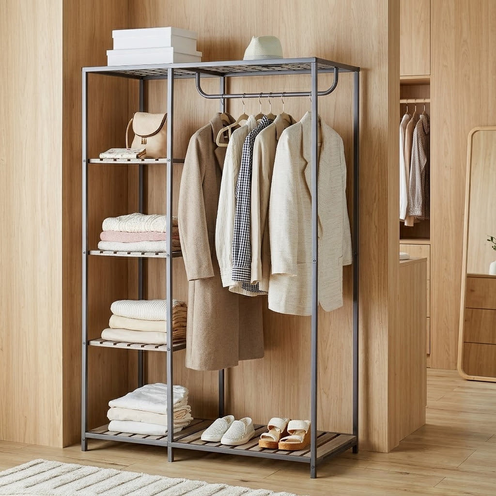Velmora™ Farmhouse Style Gray Wood and Metal Clothes Rack with Garment Rod