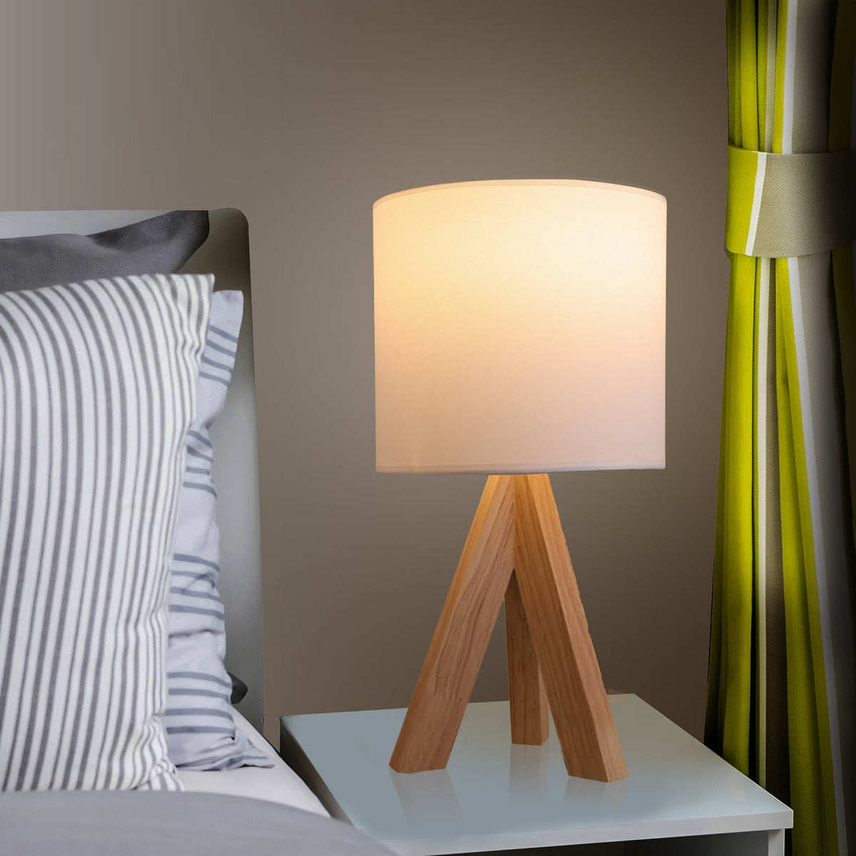 Velmora™ (2 pack) Tripod Table Lamp with Oak Finish and White Shade, 16.75 in H, One Size