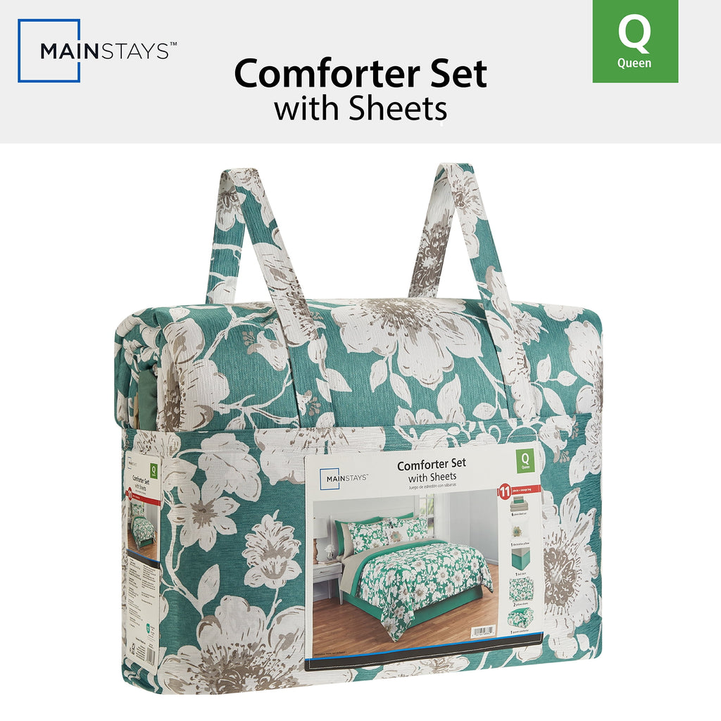 Velmora™ Reversible Bed-in-a-Bag Bedding Set, 11 Pieces, Queen, Green Floral