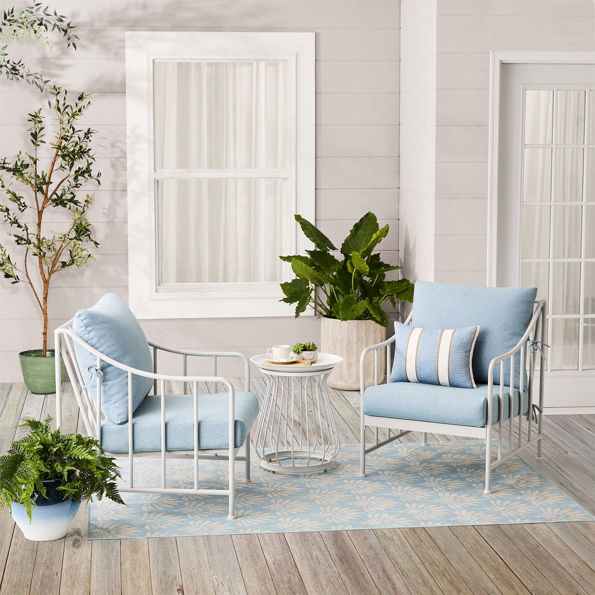 Velmora™ Aubrey 3-Piece Outdoor Steel Stationary Chat Set, Stripe Cushion
