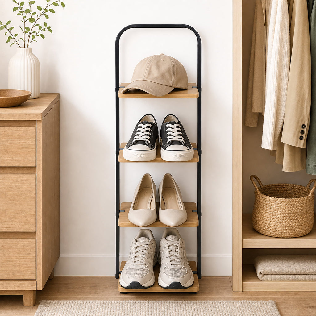 Velmora™ Juliet 4-Tier Wooden Shoe Ladder for Shoe Storage, Black and Light Honey Wood, Holds up to 4 Pairs