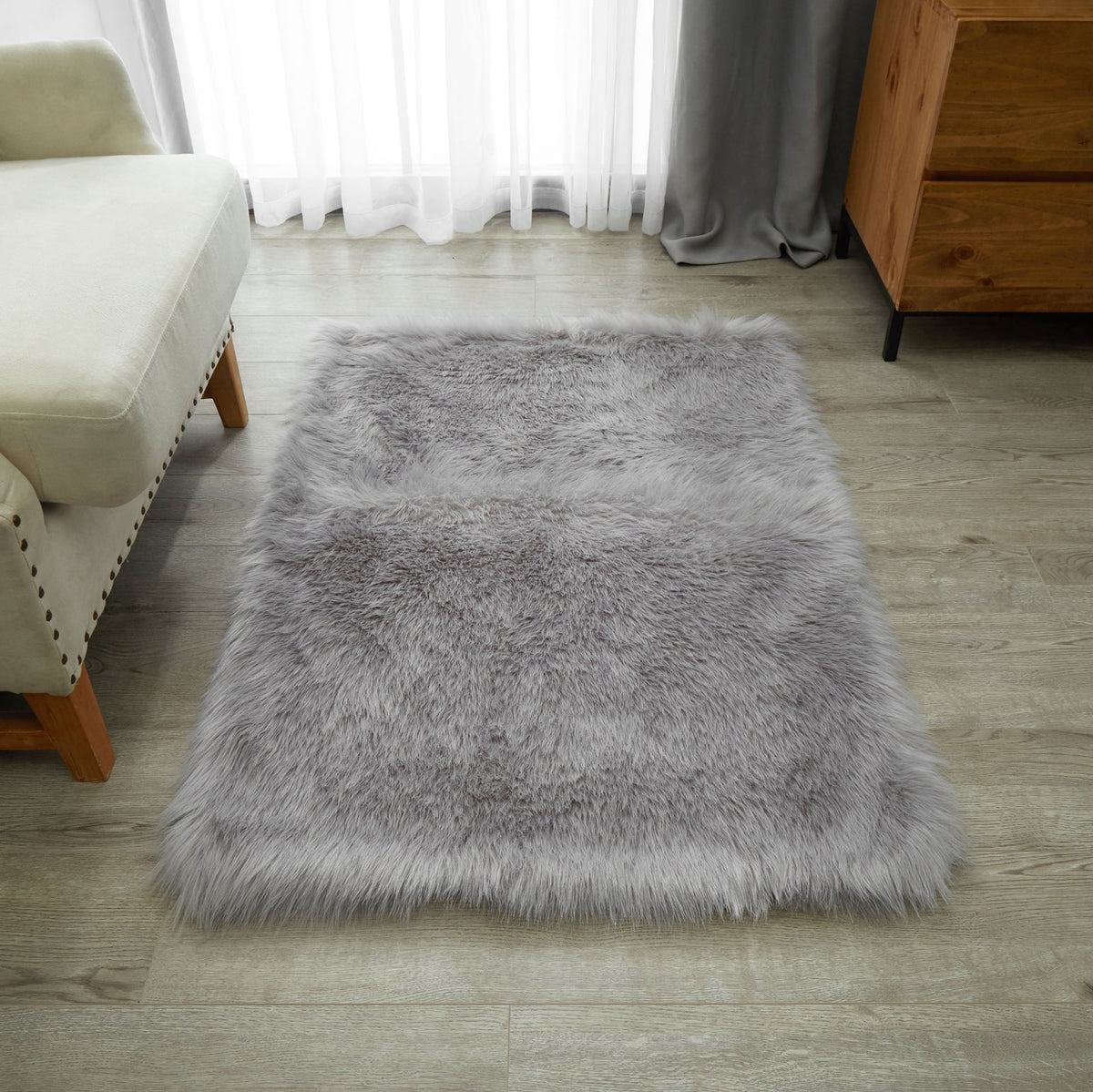 Velmora™ Grey Faux Fur Area Rug, Non-Skid, 30 in x 46 in