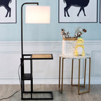 Velmora™ 54" Matte Black Metal Floor Lamp with Faux Wood Table and Magazine Rack