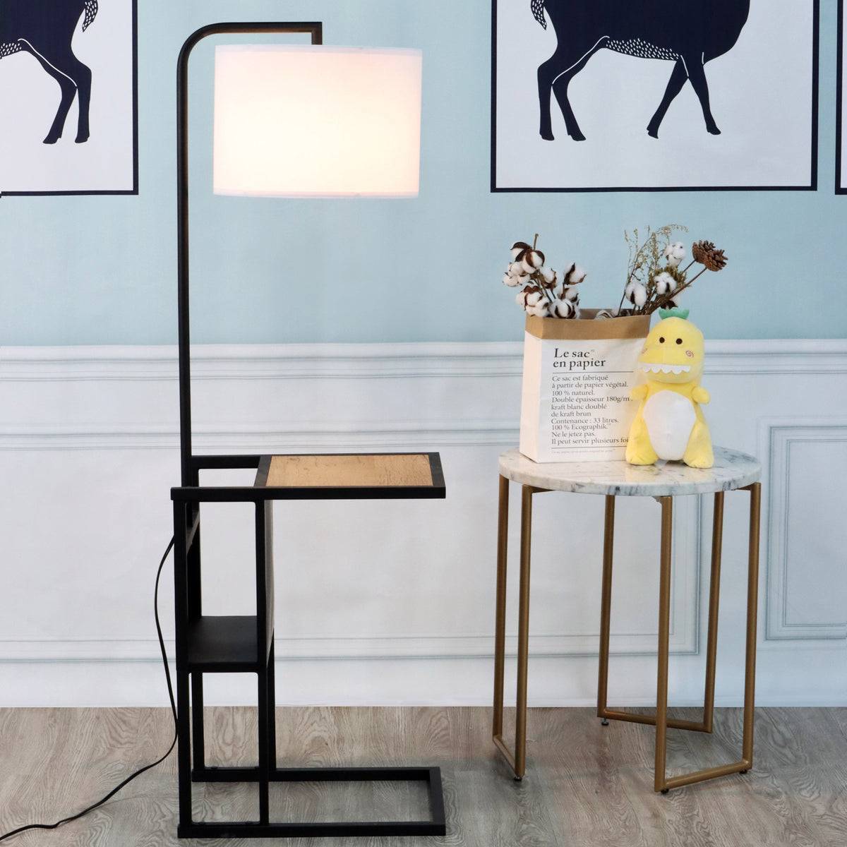 Velmora™ 54" Matte Black Metal Floor Lamp with Faux Wood Table and Magazine Rack