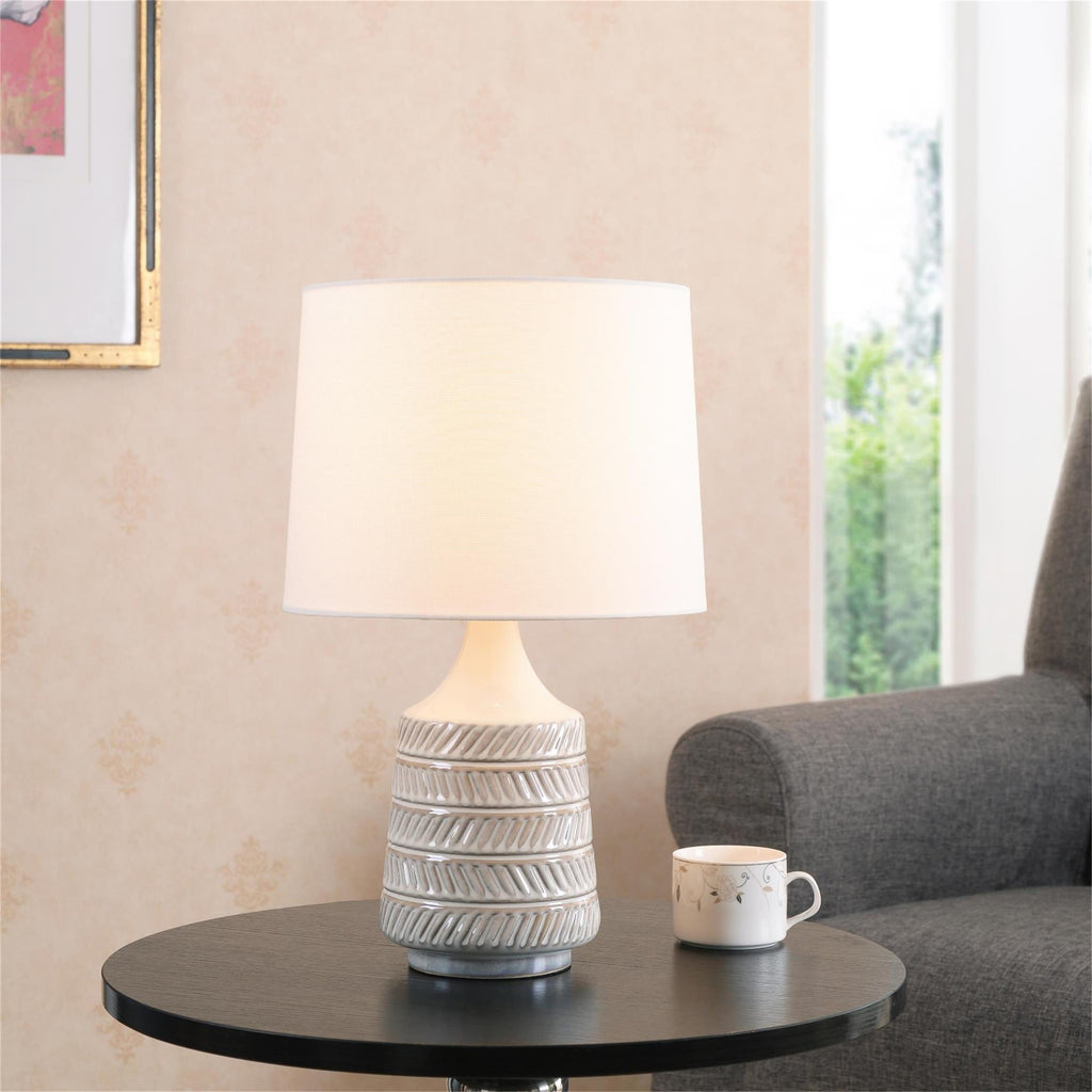 Velmora™ White and Beige Etched Ceramic Table Lamp with Shade 17"H
