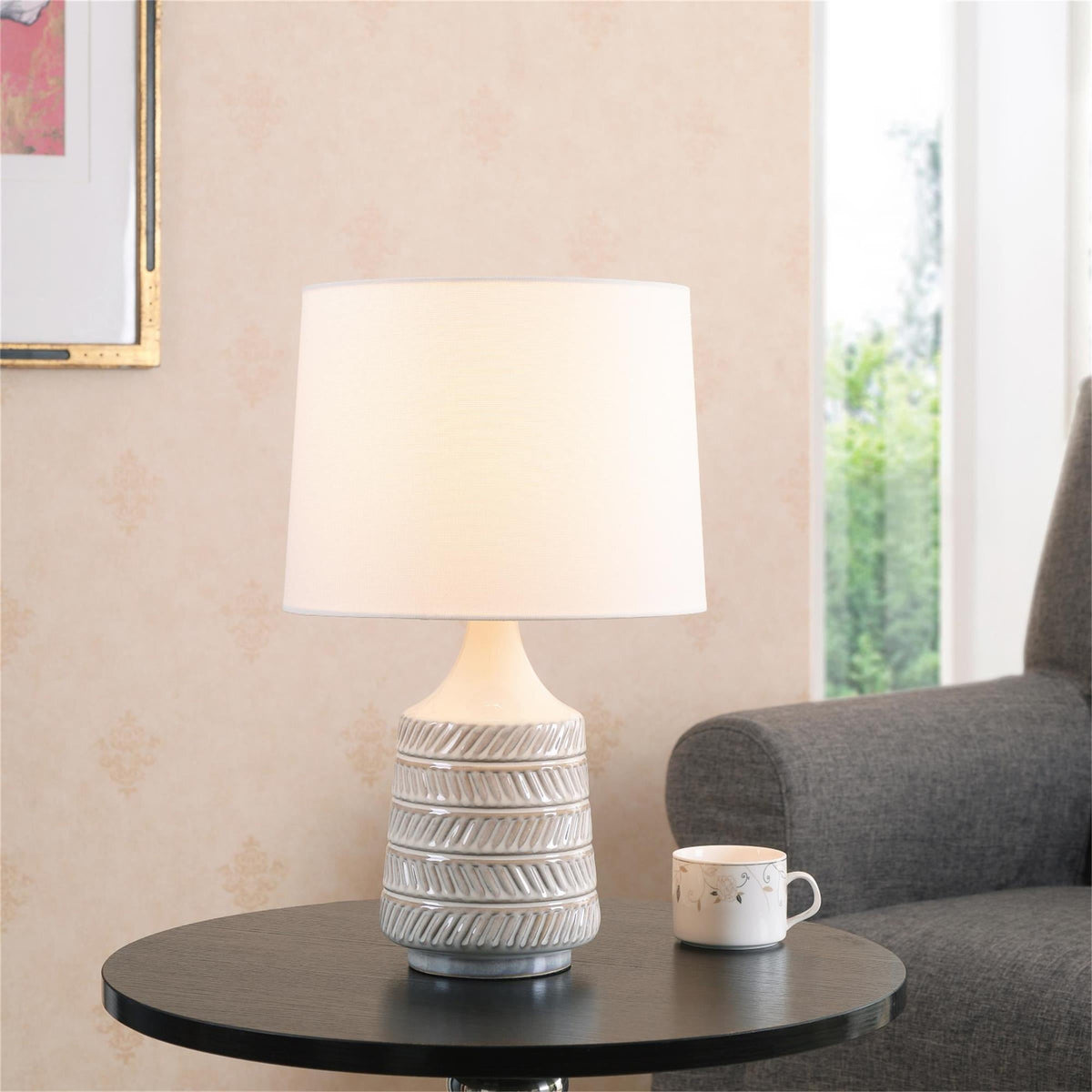 Velmora™ White and Beige Etched Ceramic Table Lamp with Shade 17"H