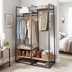 Velmora™ Jace Freestanding Metal 2-Rod Garment Clothes Rack with 4 Wooden Shelves, Black