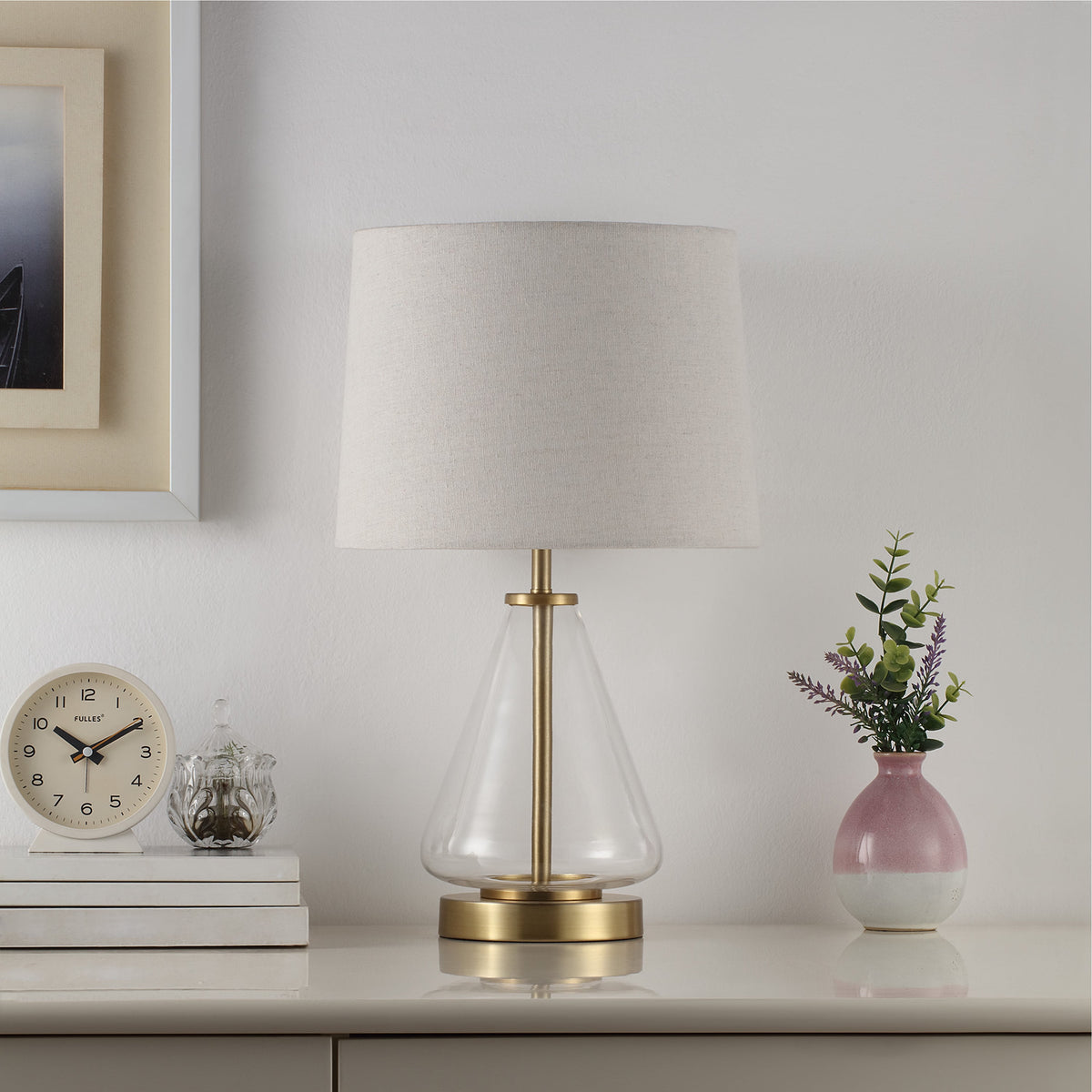 Velmora™ 18 in Clear Glass Table Lamp with Brass Metal Base and Beige Shade