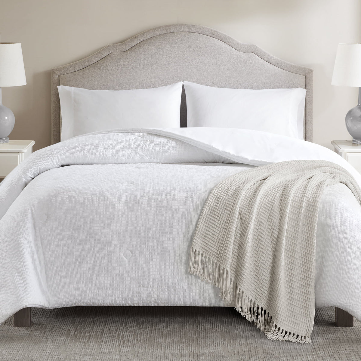 Velmora™ King Comforter, Reversible Down Alternative, All-Season, White Seersucker