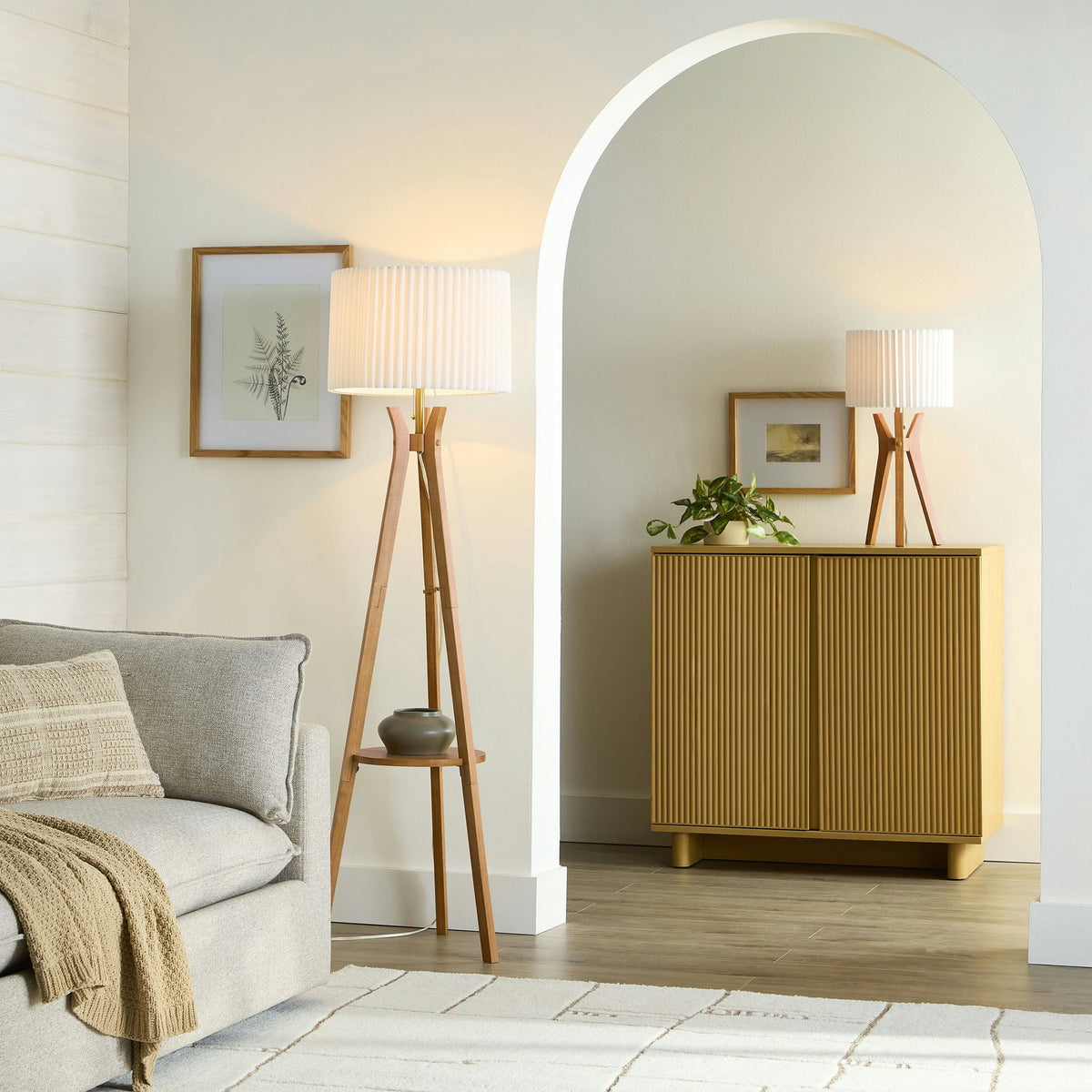 Velmora™ 24 in Tripod Table Lamp with Natural Wood Base and Pleated Shade