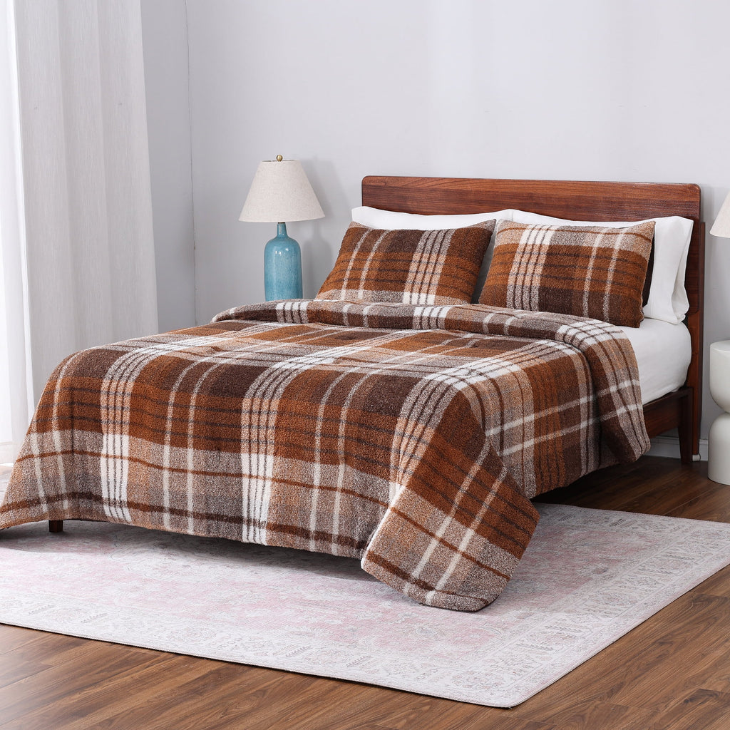 Velmora™ 3-Piece Brown Plaid Cozy Knit Comforter Set, King
