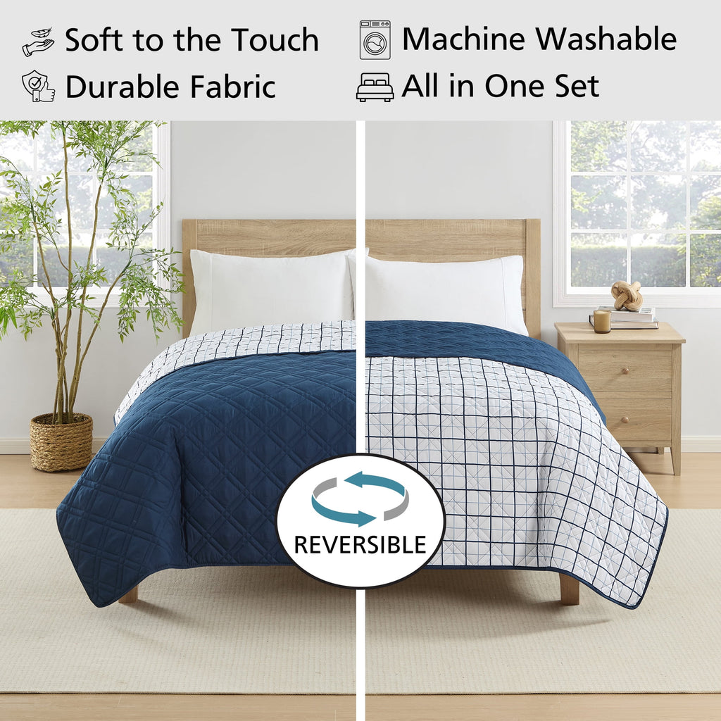 Velmora™ Plaid Quilt, Full/Queen, Blue & White, Lightweight & Reversible Bedding