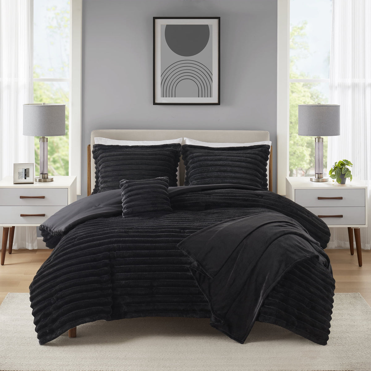 Velmora™ King Comforter Set, 5-Piece, All-Season, Black Cozy Plush
