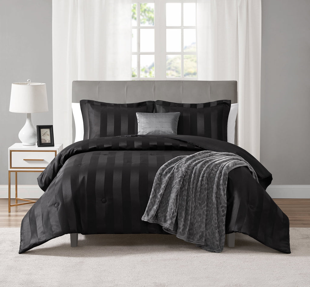 Velmora™ Rich Black 5 Piece Damask Stripe Comforter Set, King, Adult, Unisex