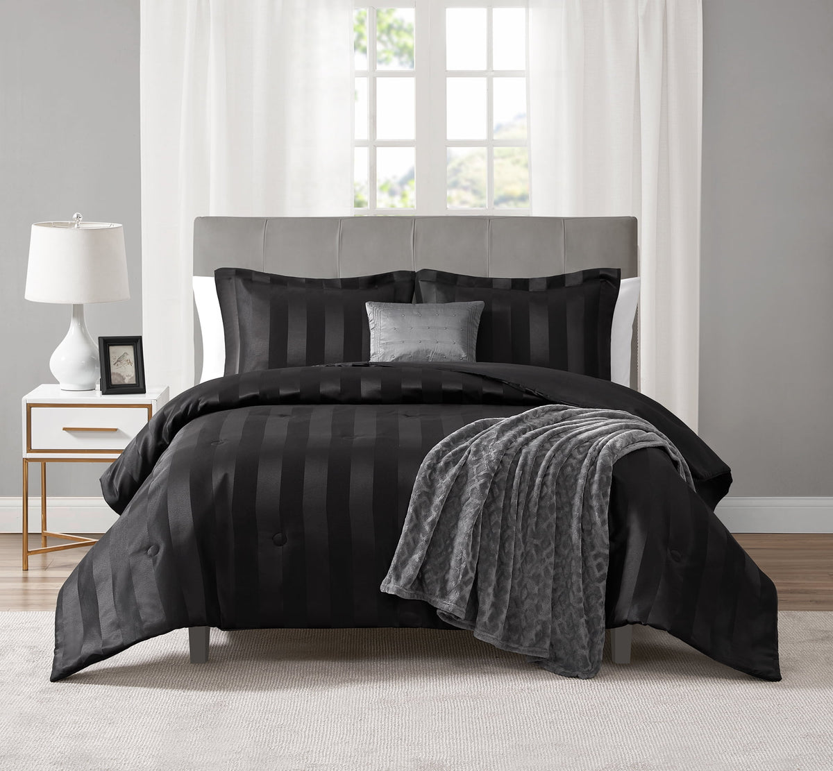 Velmora™ Rich Black 5 Piece Damask Stripe Comforter Set, King, Adult, Unisex