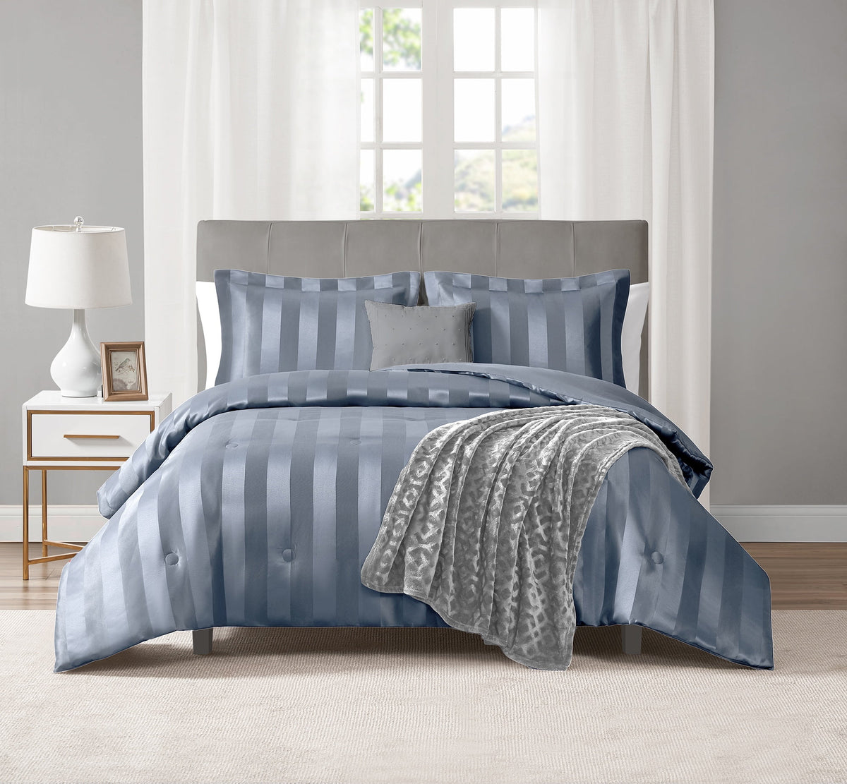 Velmora™ Rich Black 5 Piece Damask Stripe Comforter Set, King, Adult, Unisex