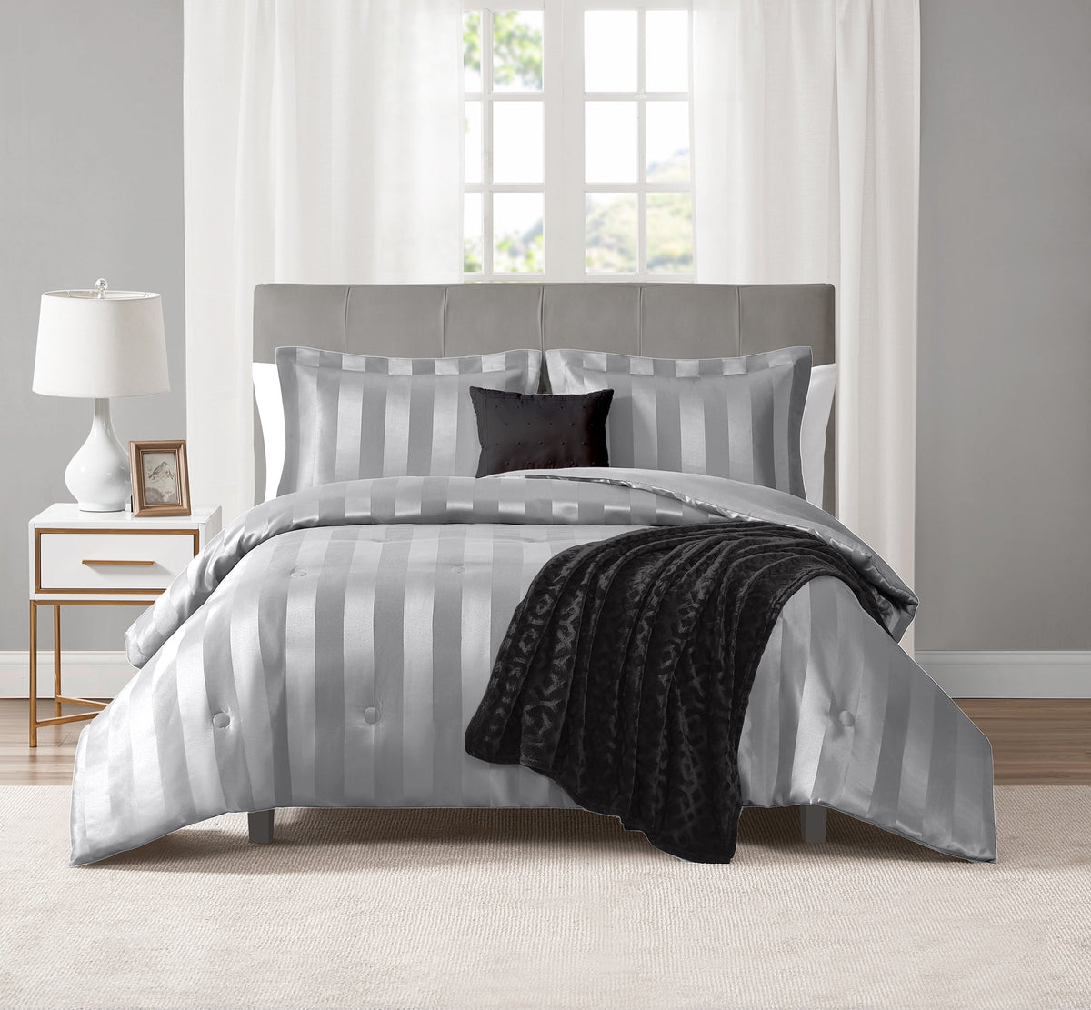 Velmora™ Rich Black 5 Piece Damask Stripe Comforter Set, King, Adult, Unisex