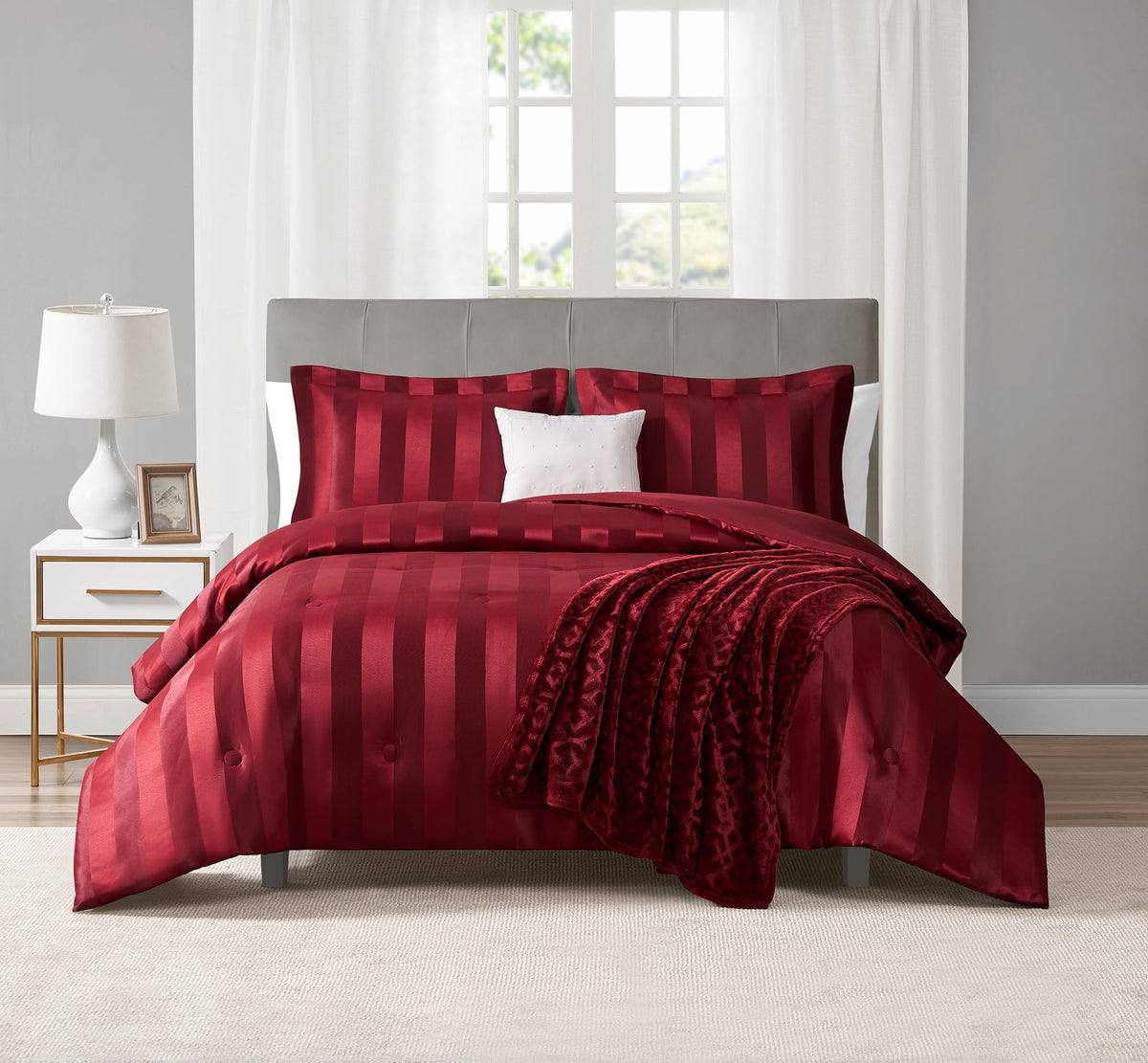 Velmora™ Rich Black 5 Piece Damask Stripe Comforter Set, King, Adult, Unisex