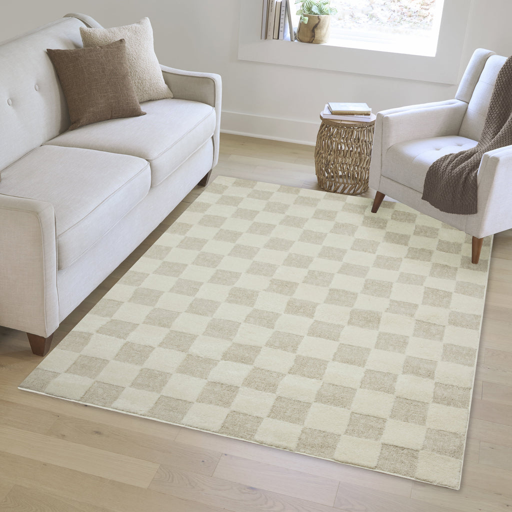Velmora™ Indoor Area Rug, Transitional Check Ivory Tan, 5 ft 3 in x 7 ft