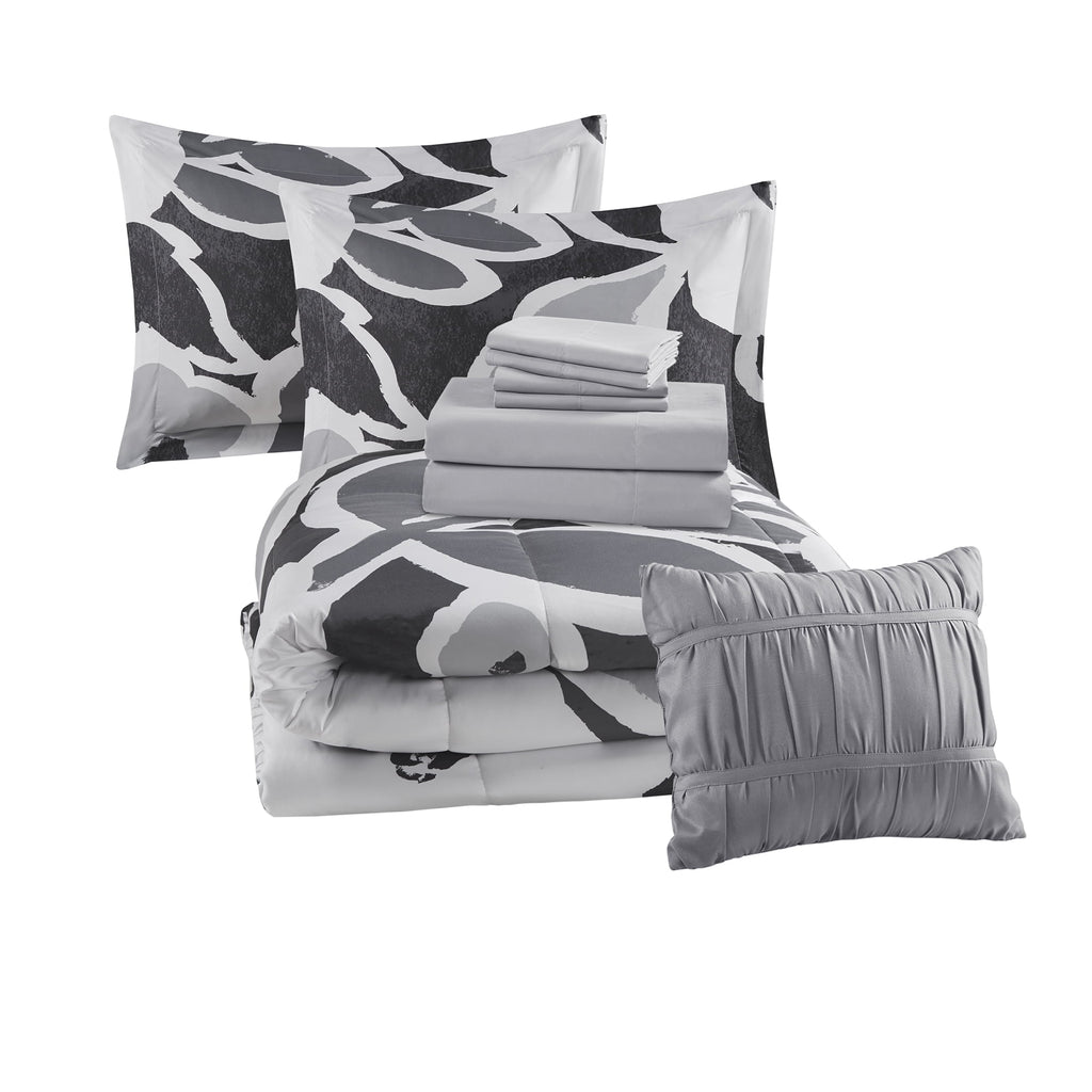 Velmora™ 10 Piece Black and White Floral Bed in a Bag Comforter Set with Sheets, King
