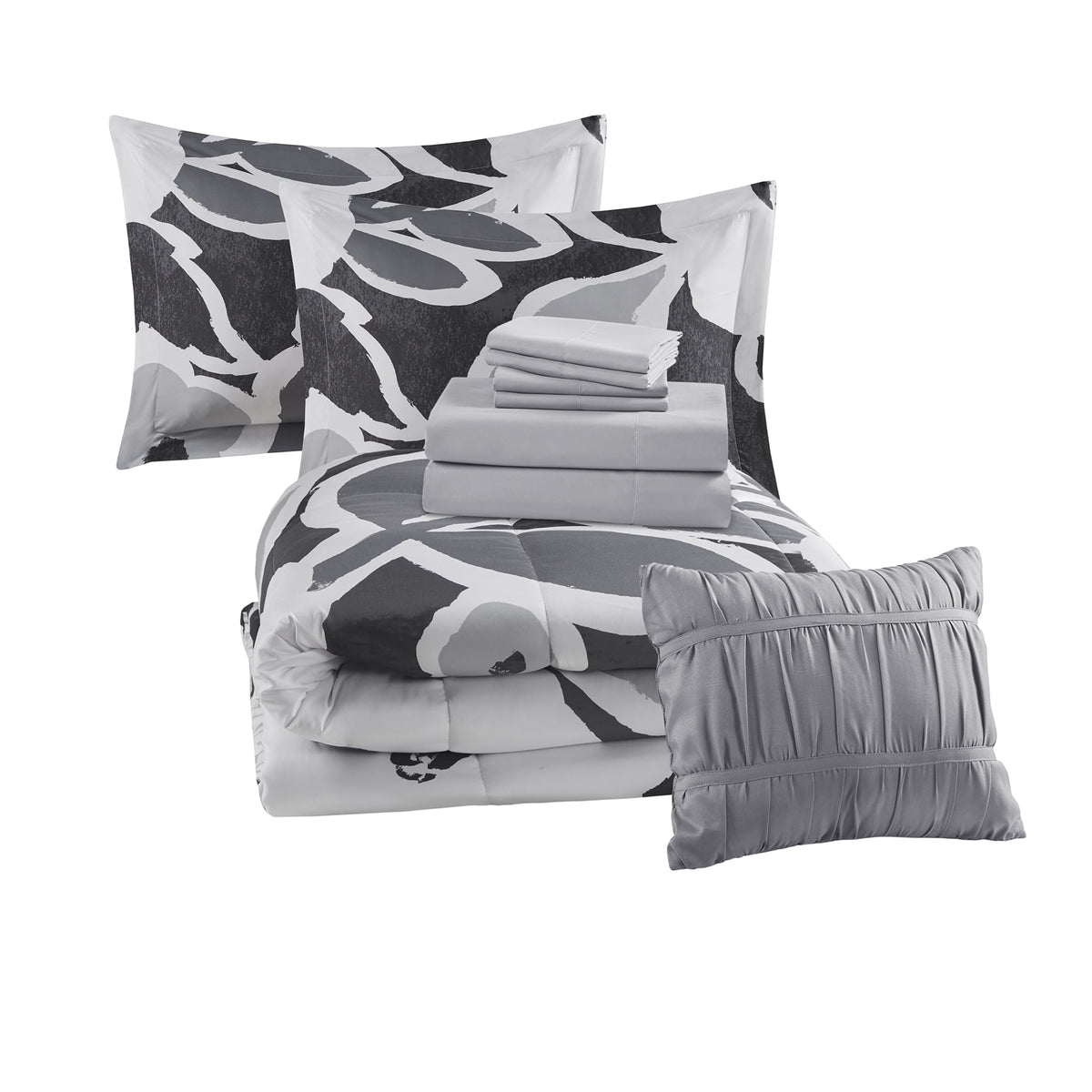 Velmora™ 10 Piece Black and White Floral Bed in a Bag Comforter Set with Sheets, King