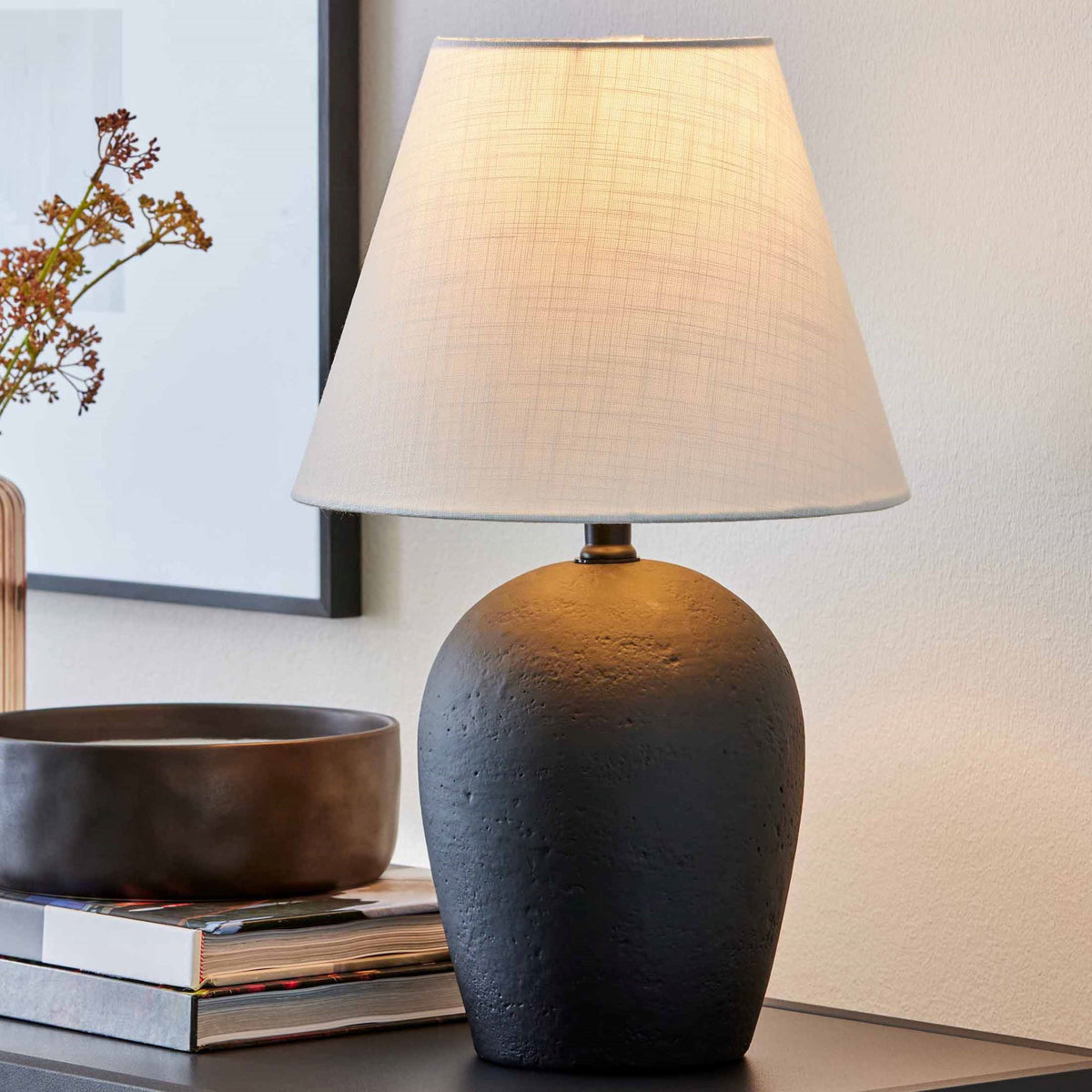 Velmora™ 18"H Ceramic Urn Style Table Lamp, Matte Black Finish, with White Linen Empire Shade