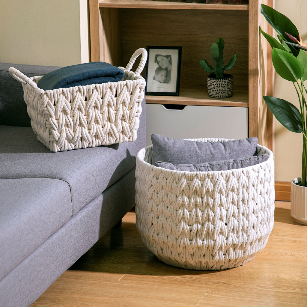 Velmora™ (2 pack) Medium White Woven Rope Decorative Storage Basket with Handles, 14.3 in x 11 in x 9 in