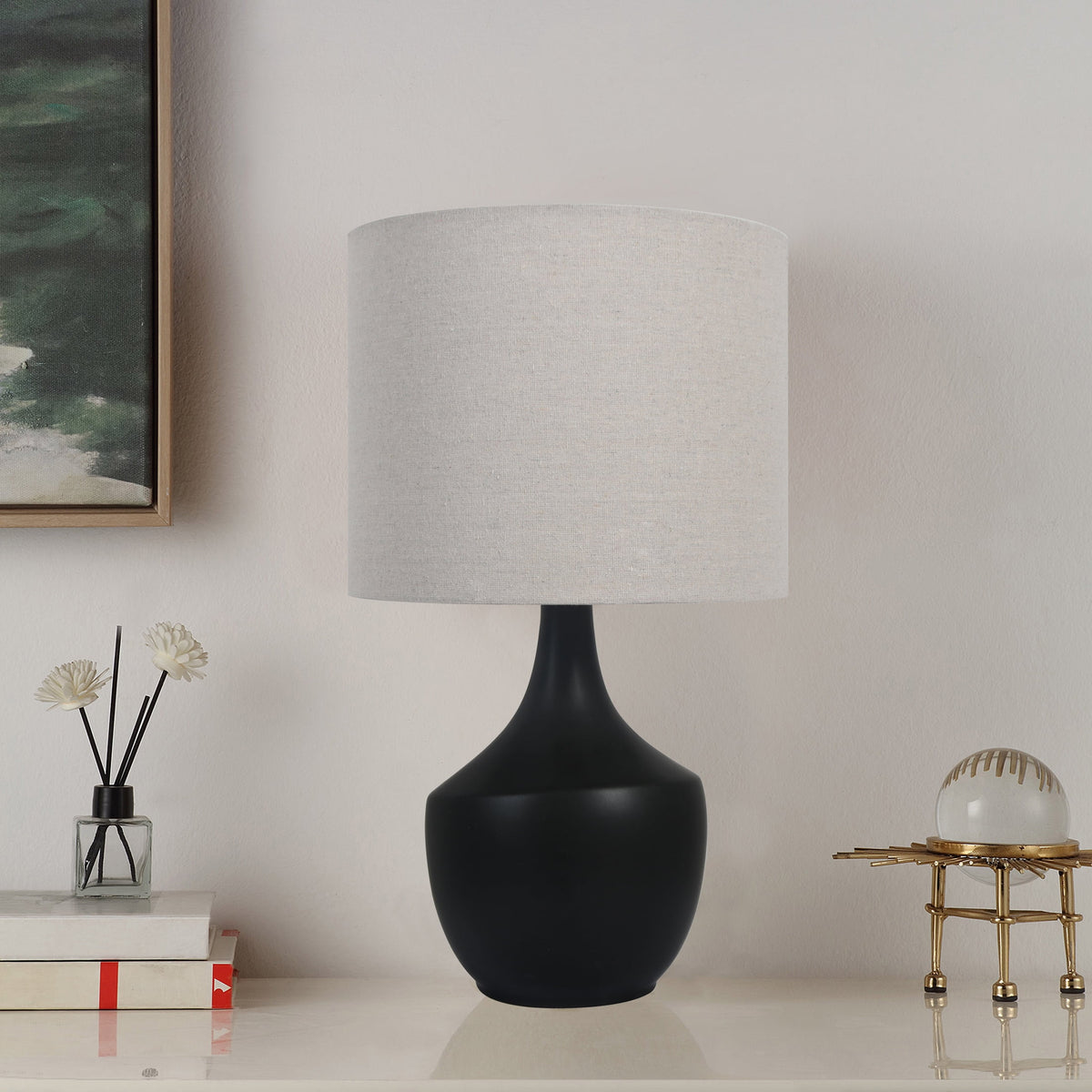 Velmora™ 22 in Black Ceramic Table Lamp with Oatmeal Linen Shade