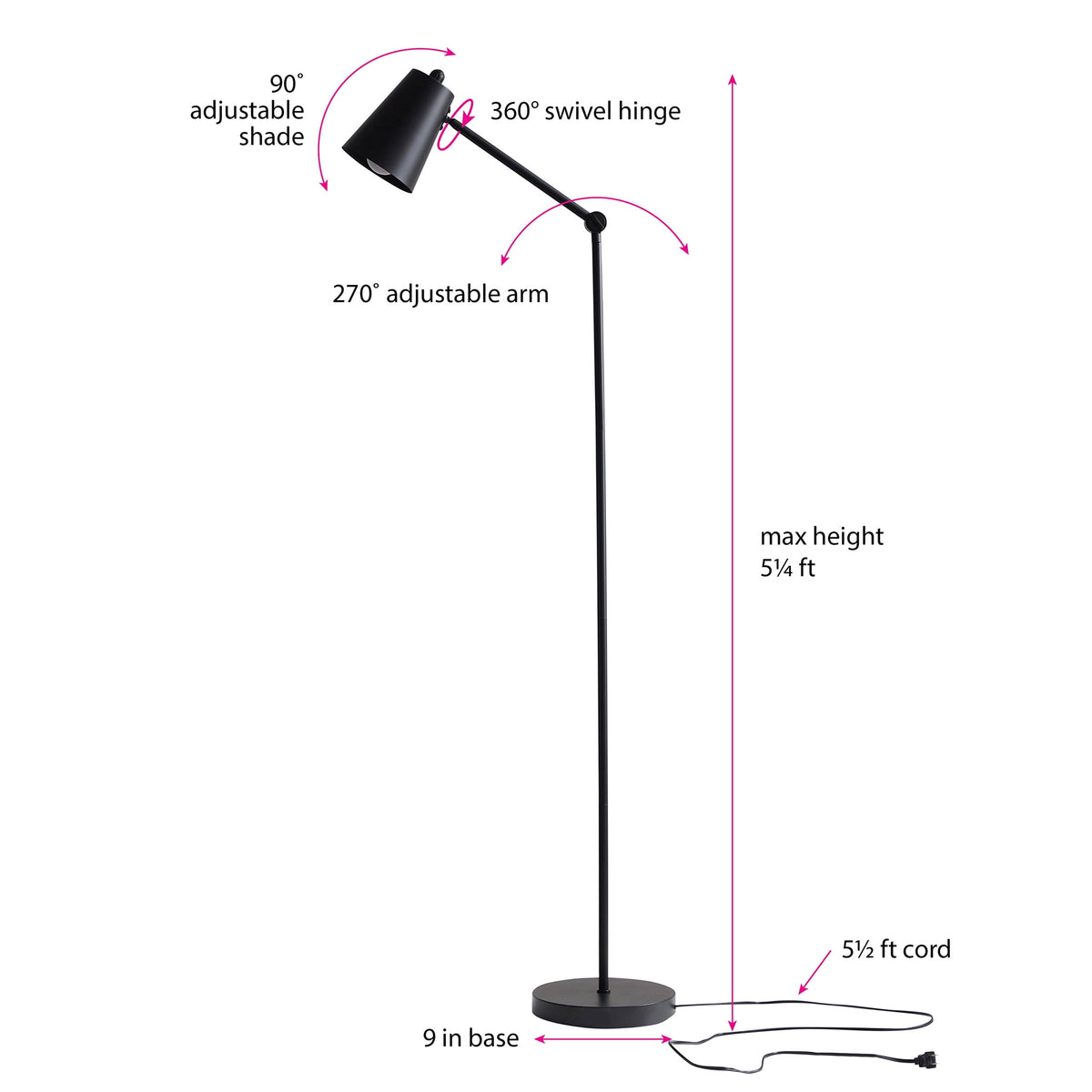 Velmora™ 64 in Black Architect Floor Lamp, Matte Metal Finish