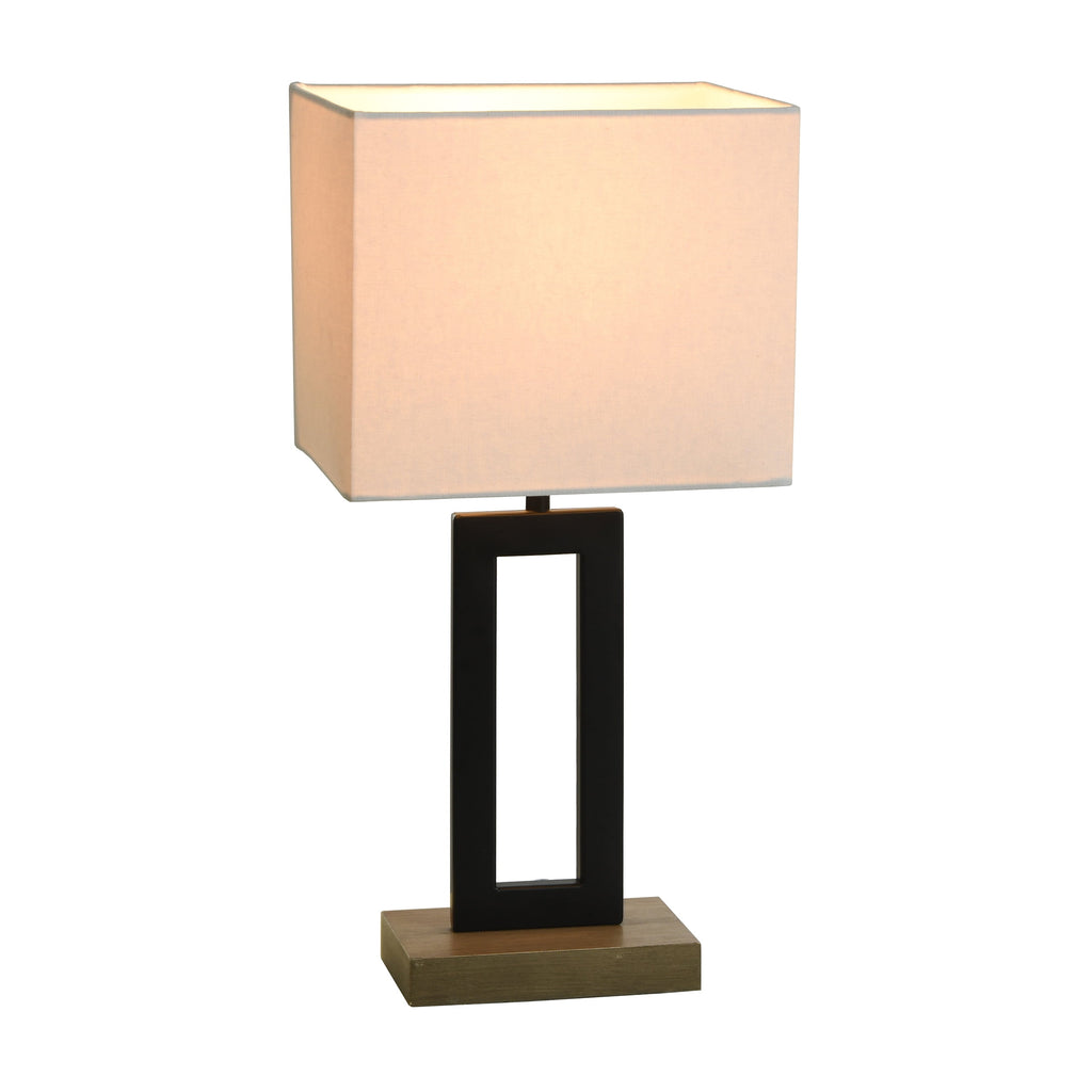 Velmora™ 18 in Metal Windowpane Table Lamp, Black Finish with Faux Wood Base