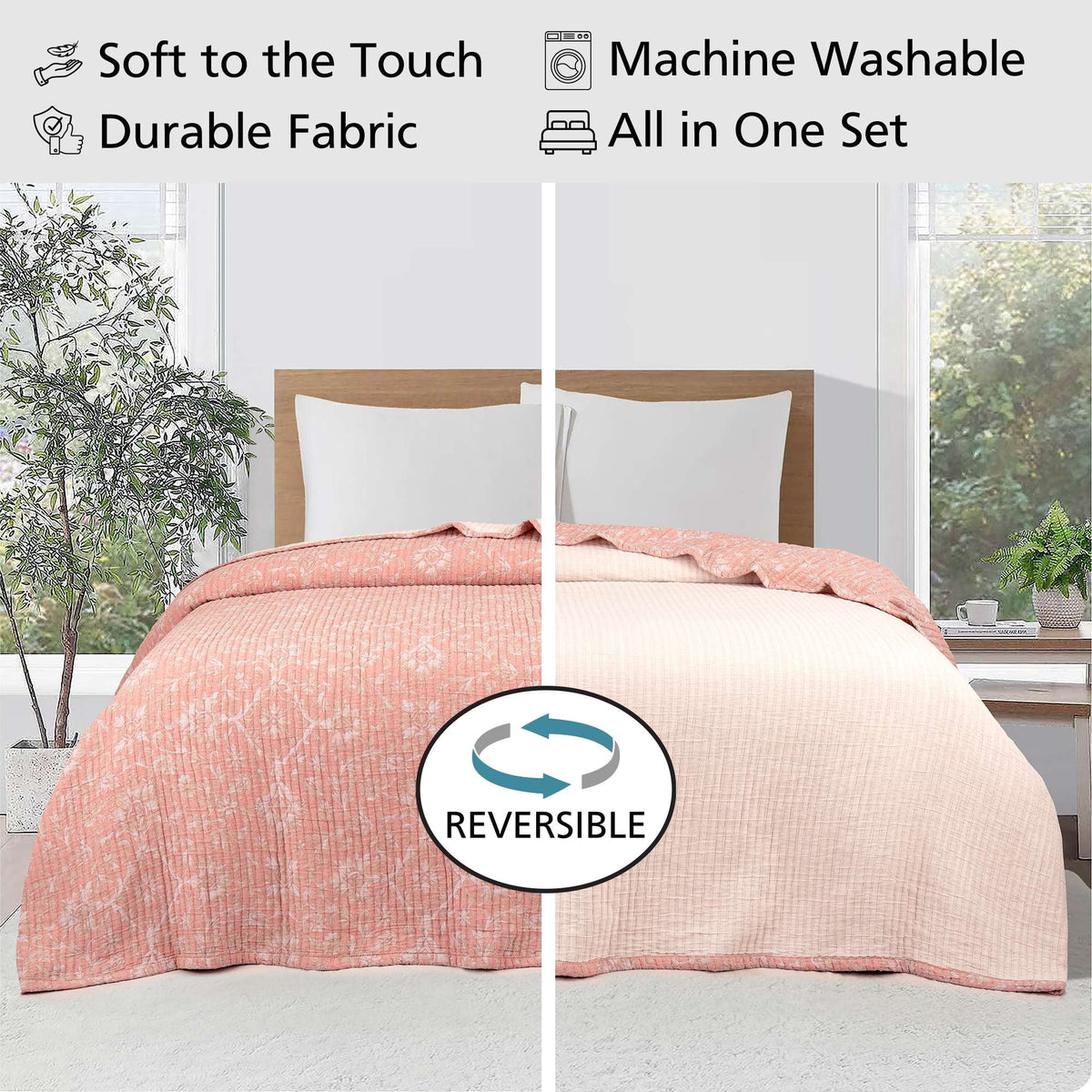 Velmora™ Garment-Washed Matelasse Quilt, King, Reversible, Terracotta Floral