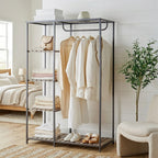Velmora™ Farmhouse Style Gray Wood and Metal Clothes Rack with Garment Rod