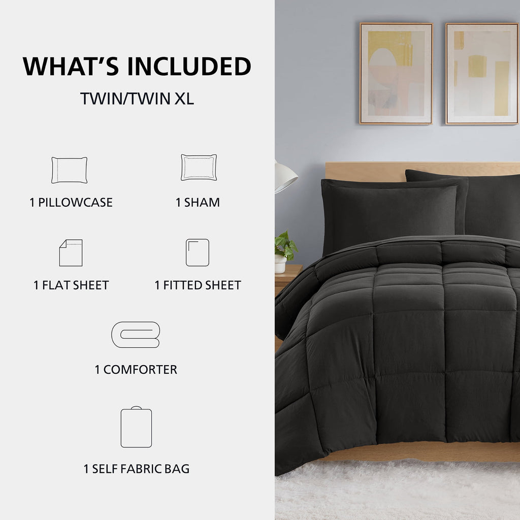 Velmora™ Down Alternative Reversible 5-Piece Bed-in-a-Bag Comforter Set, Black, Twin/Twin-XL