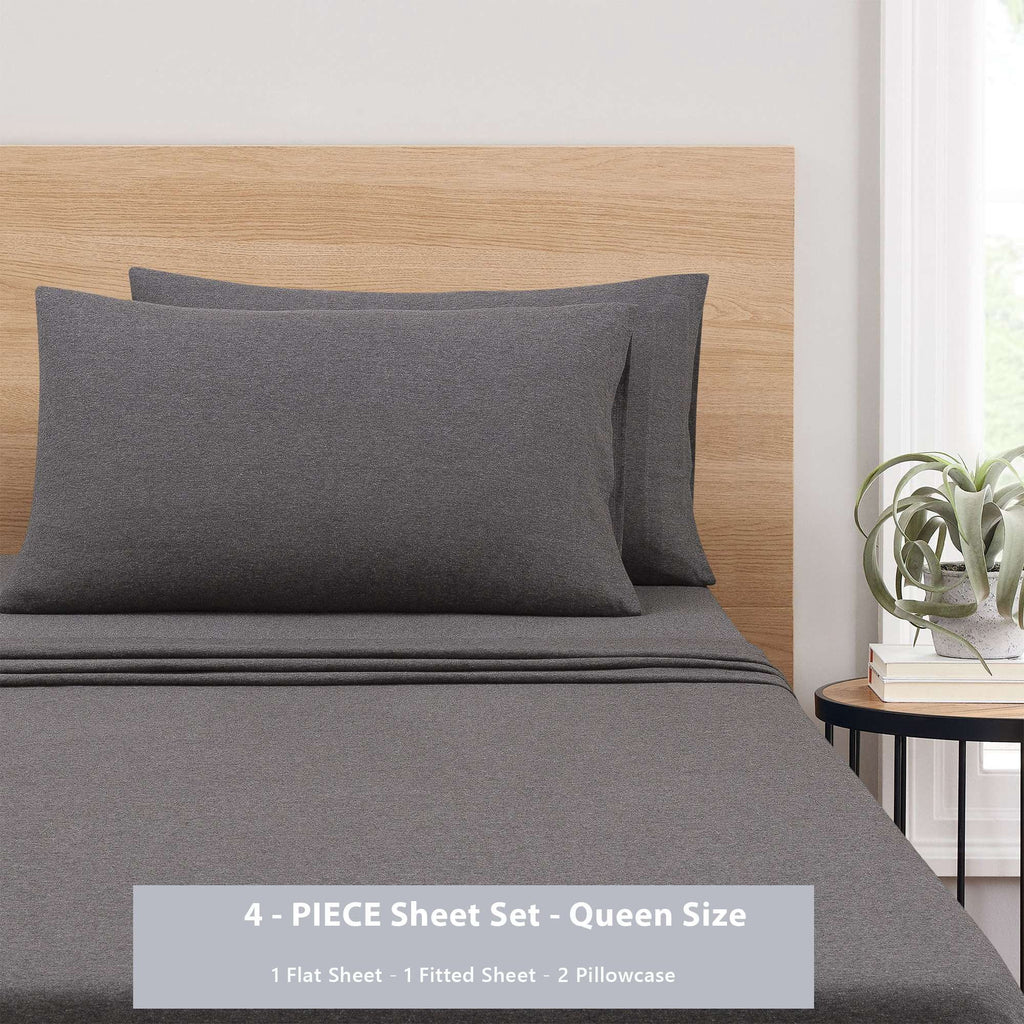 Velmora™ Cotton Rich Extra Soft Jersey Bed Sheet Set, Queen, Charcoal, 4 Pieces