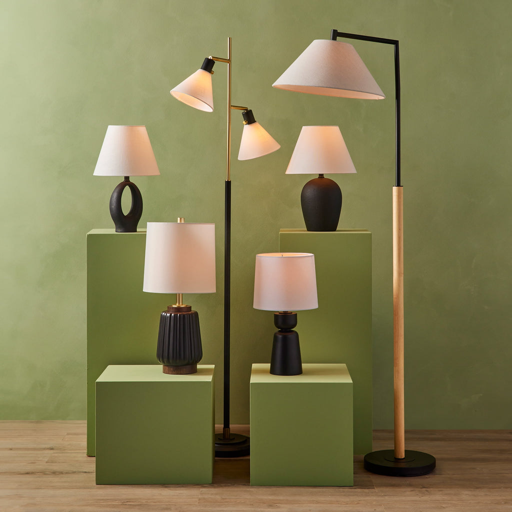 Velmora™ 68"H Metal Floor Lamp with Adjustable Dual Shades, Black and Gold Finish, White Linen Shades