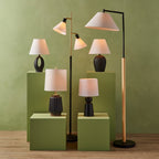 Velmora™ 68"H Metal Floor Lamp with Adjustable Dual Shades, Black and Gold Finish, White Linen Shades