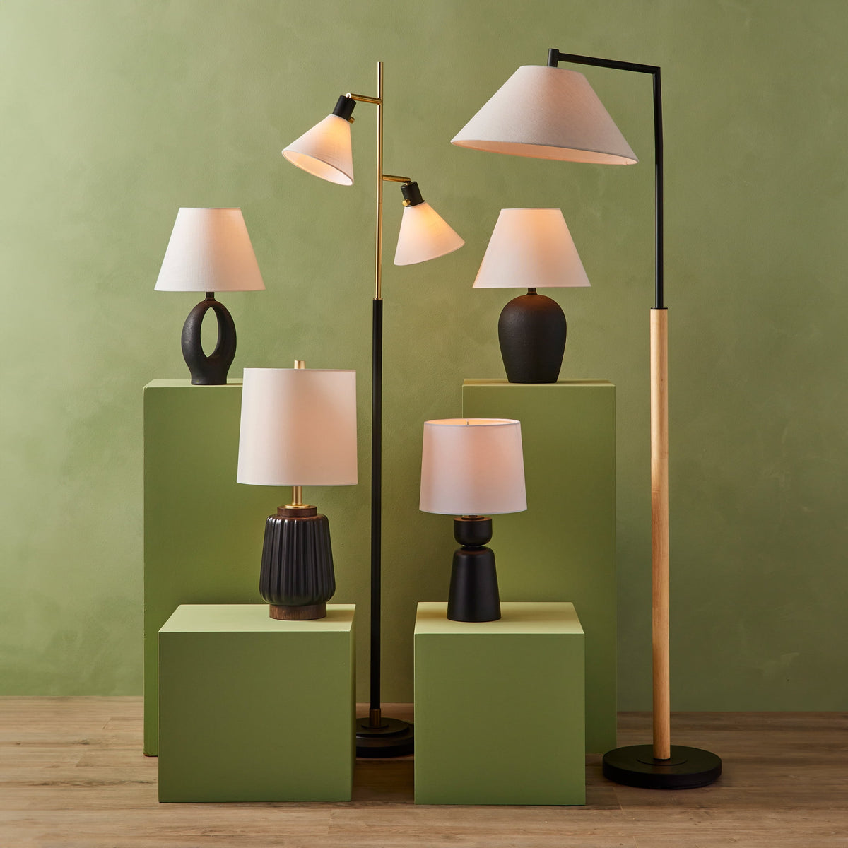 Velmora™ 68"H Metal Floor Lamp with Adjustable Dual Shades, Black and Gold Finish, White Linen Shades