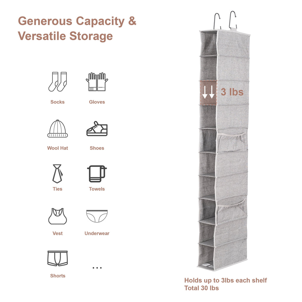 Velmora™ (2 pack) Gray 10-Shelf Hanging Closet Organizer with Side Pockets