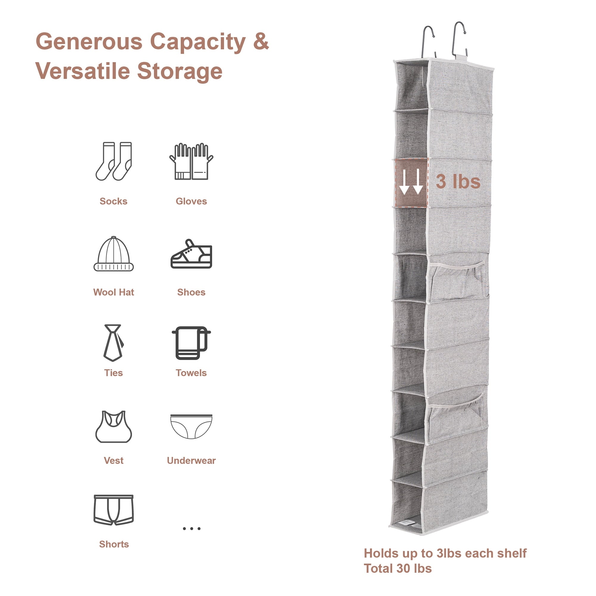 Velmora™ (2 pack) Gray 10-Shelf Hanging Closet Organizer with Side Pockets