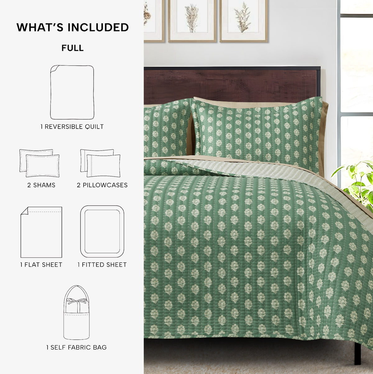 Velmora™ All-in-One Bed-in-a-Bag Quilt and Sheet Set, 7-Piece, Full, Green Floral