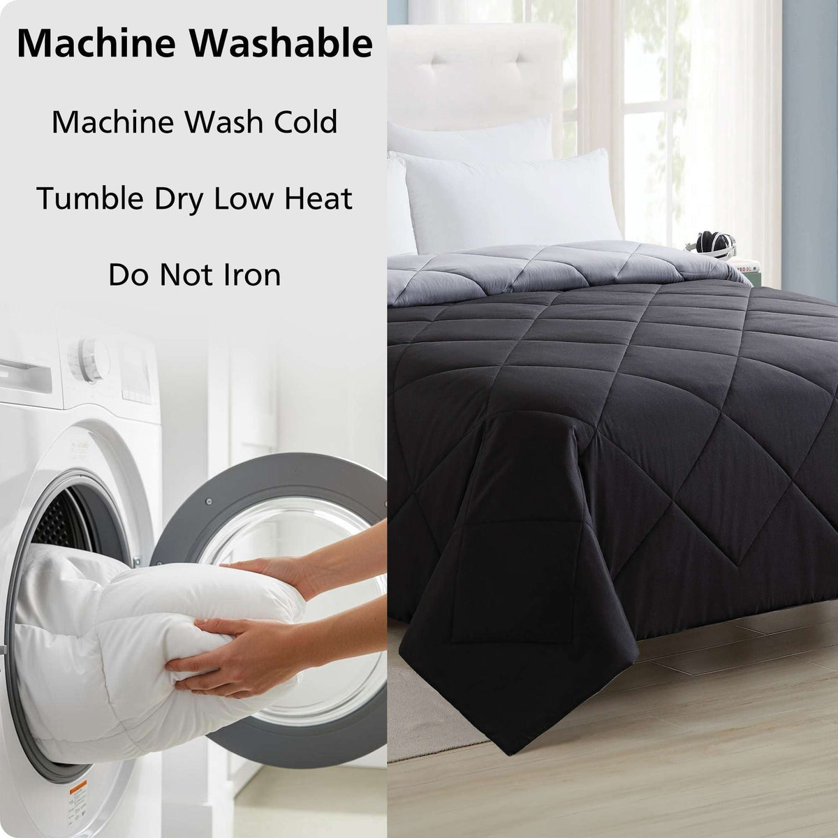Velmora™ Full/Queen Comforter, All-Season Reversible Microfiber, Black