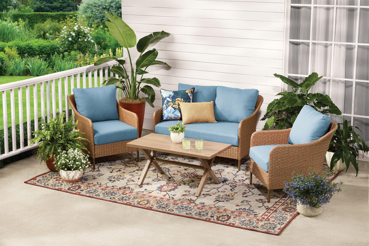 Velmora™ Chelsea 4-Piece Outdoor Patio Deep Seating Set with Handwoven Wicker, Steel Frames and Blue Cushions