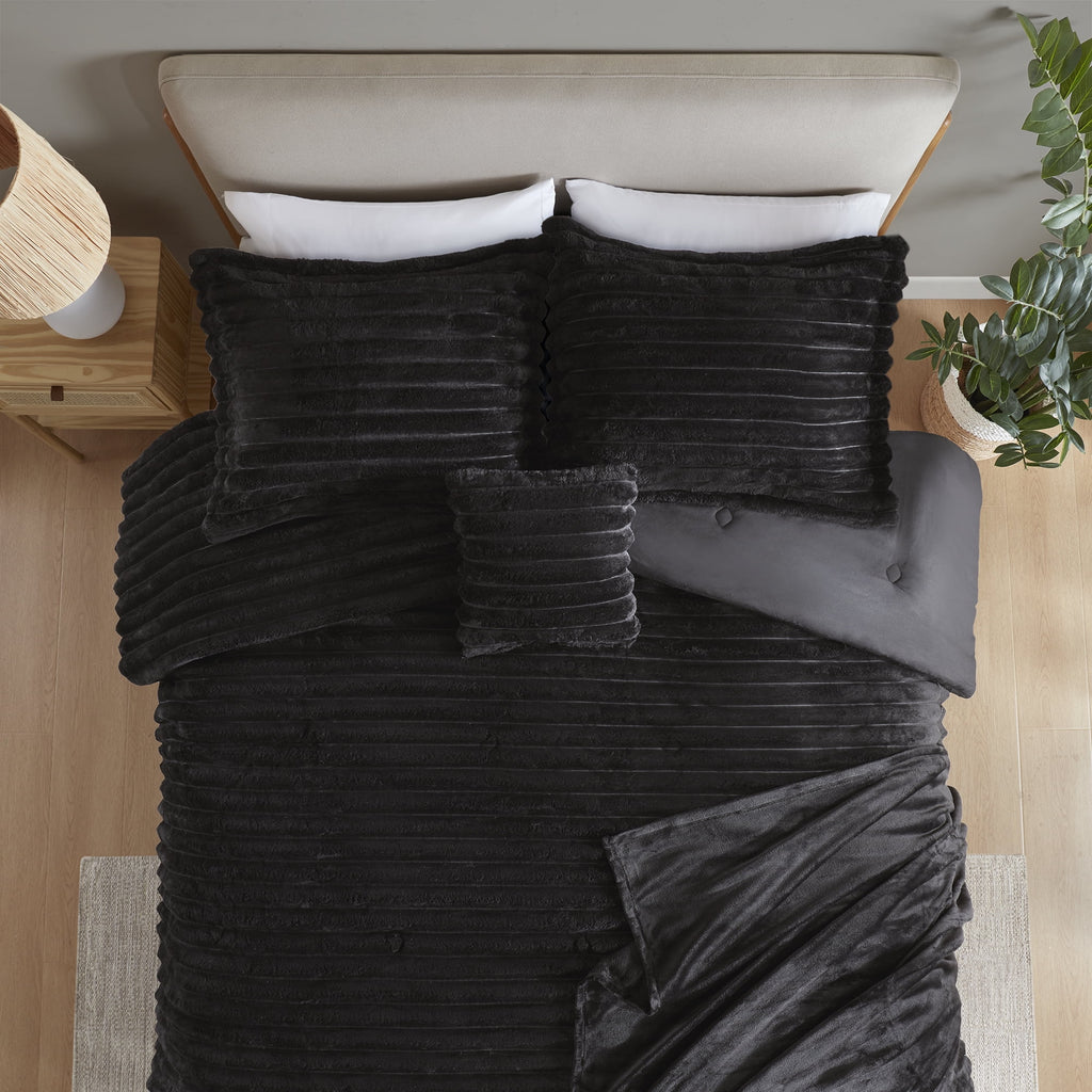 Velmora™ King Comforter Set, 5-Piece, All-Season, Black Cozy Plush