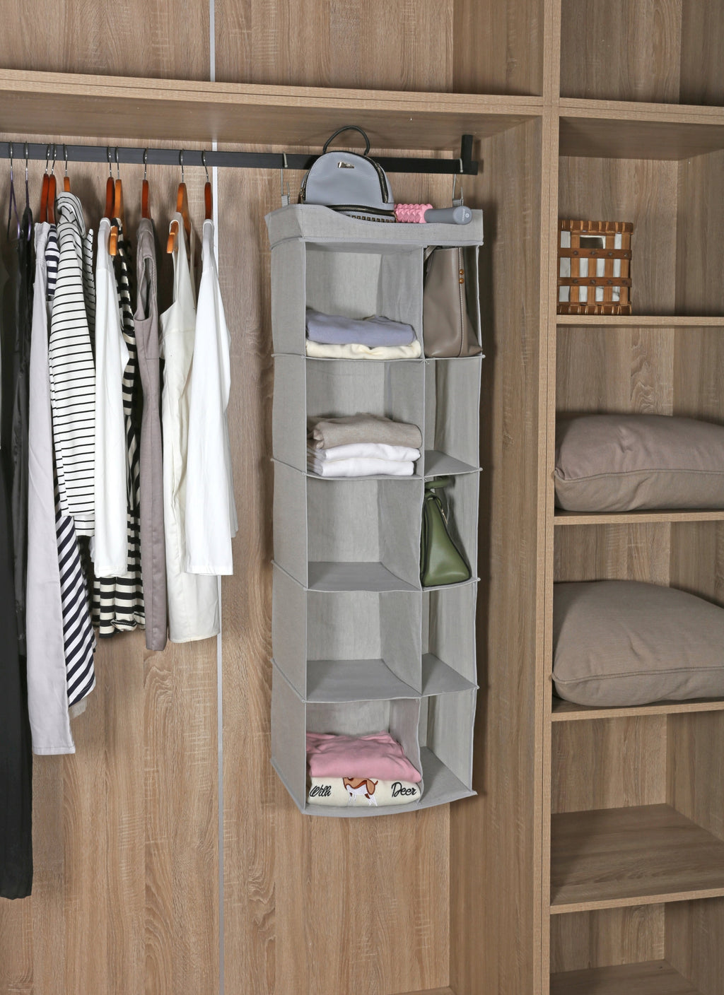 Velmora™ (2 pack) 5-Tier Hanging Closet Storage Organizer Dividers for Shoes and Clothes, 10-Compartments, Polyester & Cotton