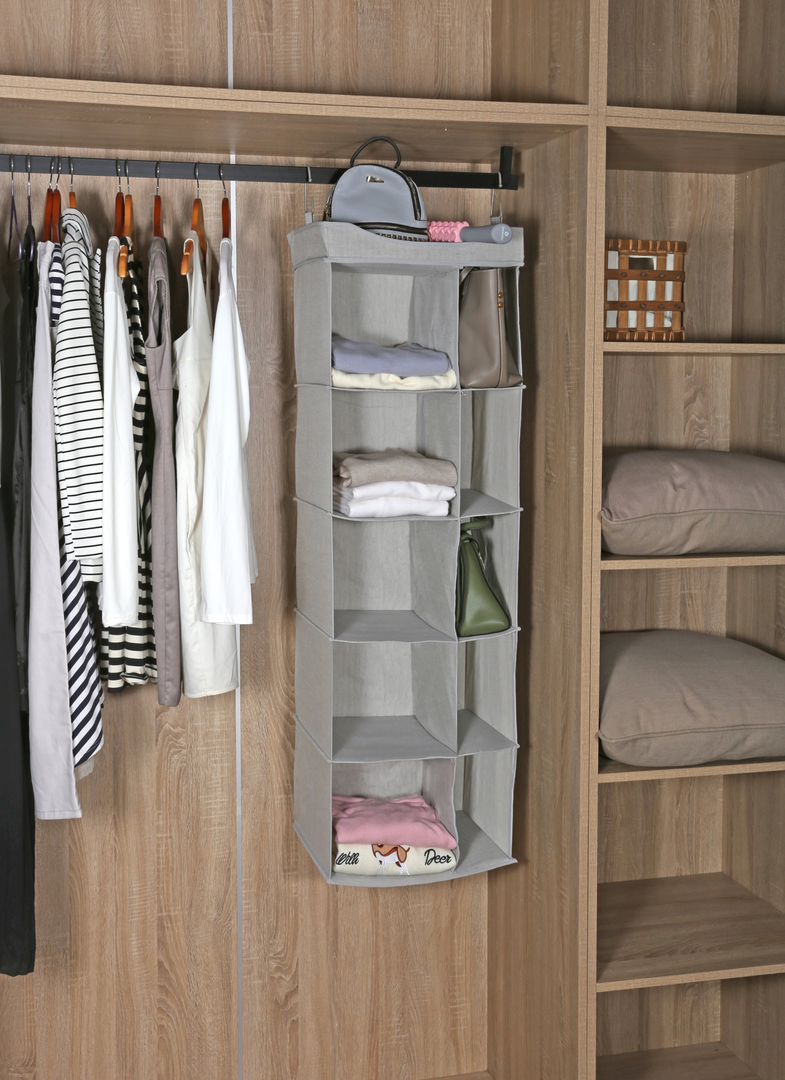 Velmora™ (2 pack) 5-Tier Hanging Closet Storage Organizer Dividers for Shoes and Clothes, 10-Compartments, Polyester & Cotton