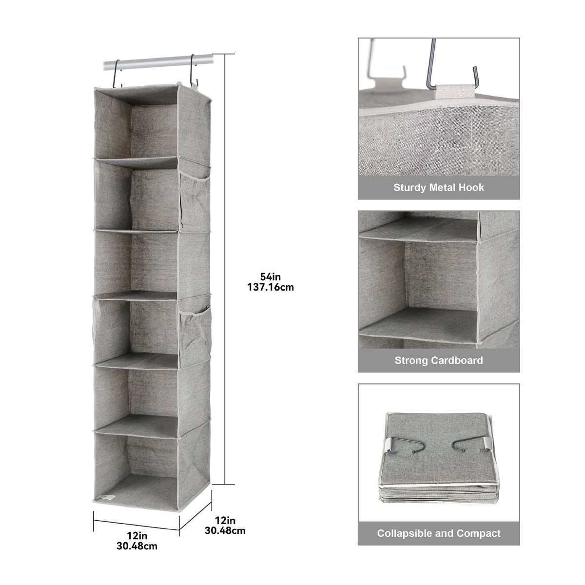Velmora™ (4 pack) Gray Hanging Closet Organizer With 6 Shelves & Side Pockets