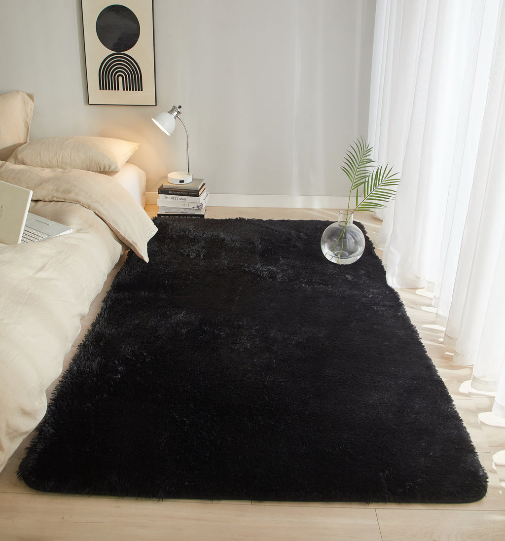 Velmora™ Cushion Shag Bedroom Rug For Adults, Black, 4'x6'