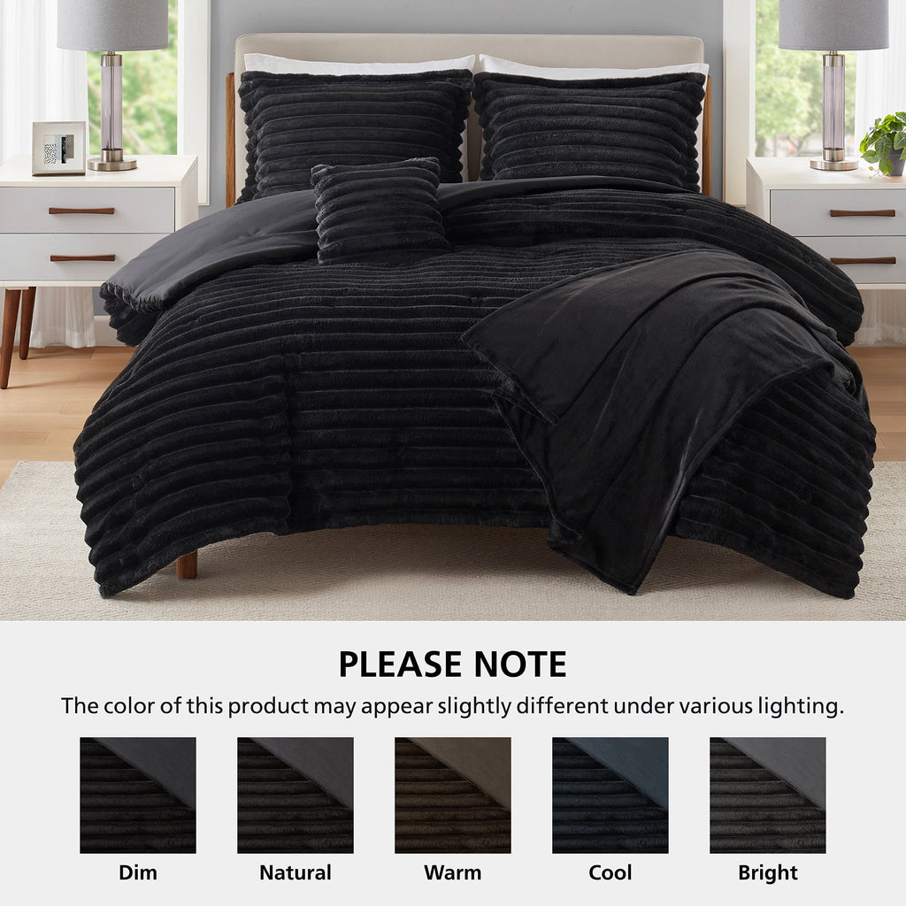 Velmora™ King Comforter Set, 5-Piece, All-Season, Black Cozy Plush